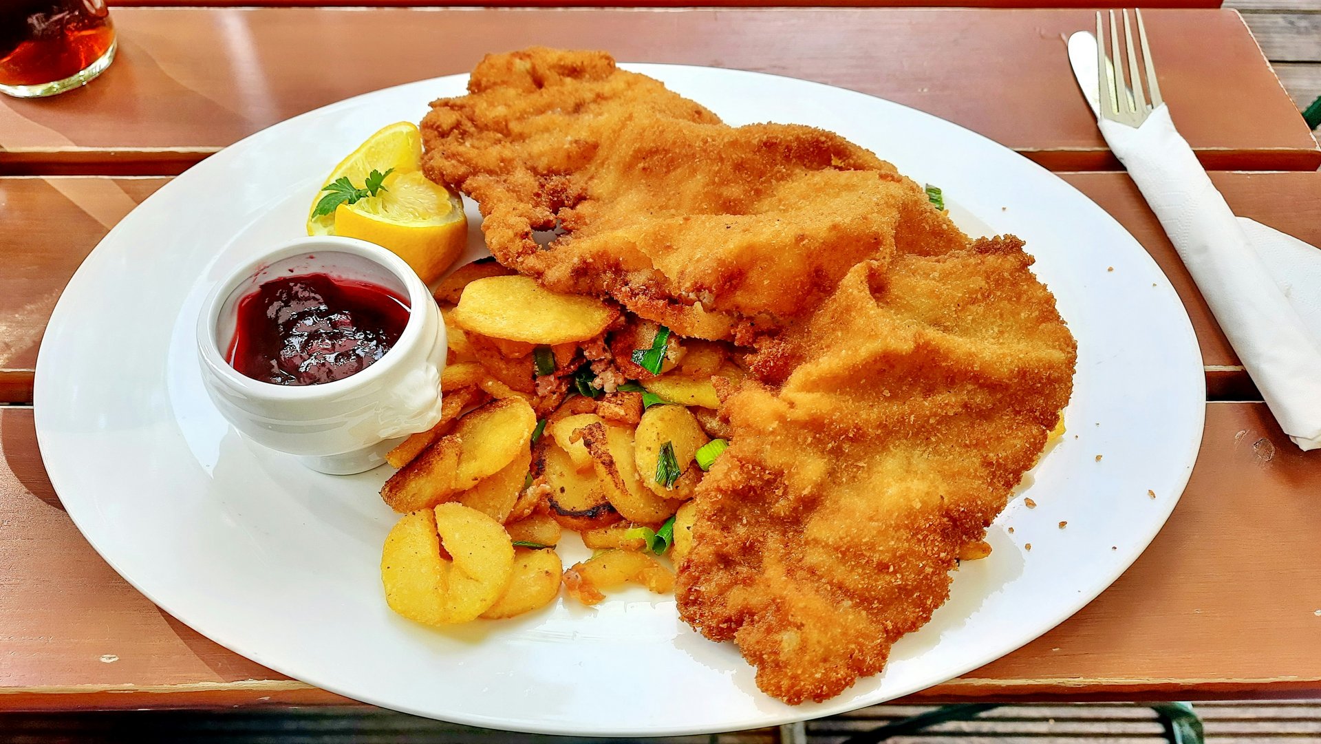 Schnitzel, Bratkartoffeln und Preiselbeeren auf einem Teller im Biergarten