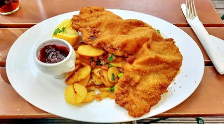 Schnitzel, Bratkartoffeln und Preiselbeeren auf einem Teller im Biergarten