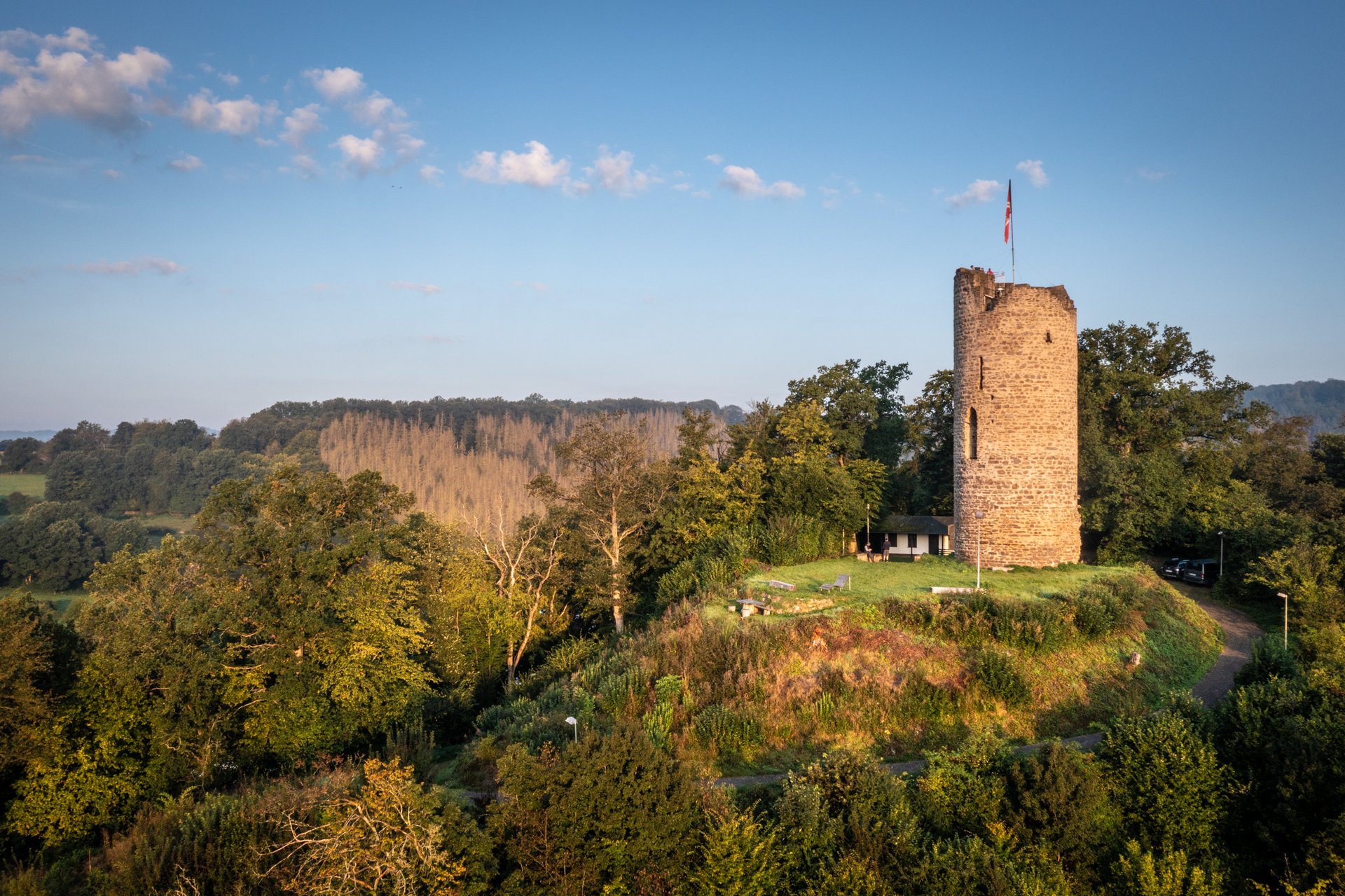 Auf einer bewaldeten Anhöhe steht die Burgruine der Burg Lahr, der Turm ragt in den blauen Himmel. 