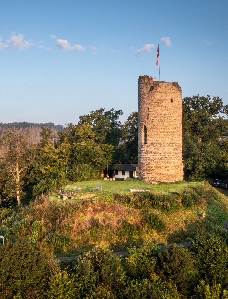 Auf einer bewaldeten Anhöhe steht die Burgruine der Burg Lahr, der Turm ragt in den blauen Himmel. 
