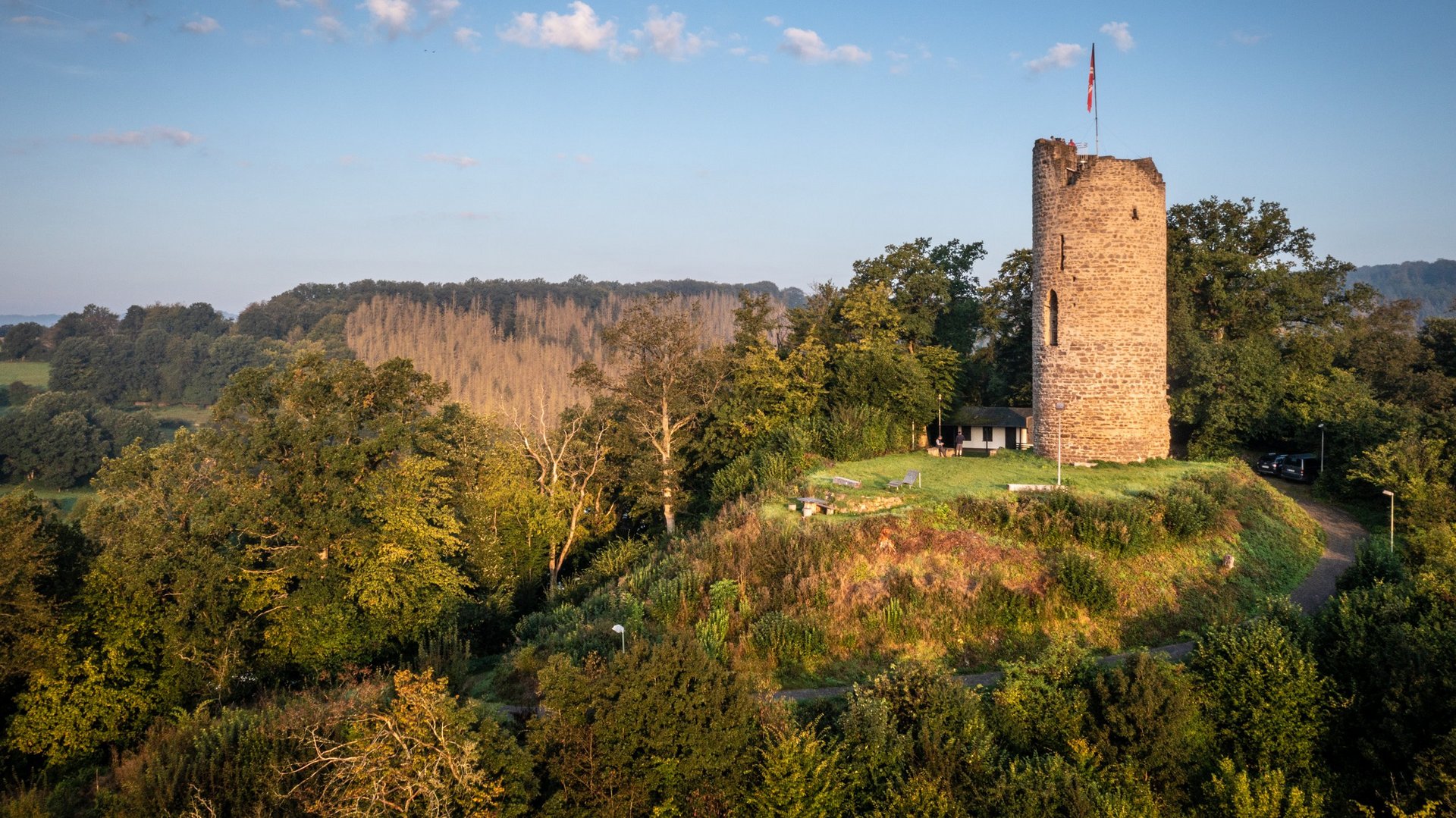 Auf einer bewaldeten Anhöhe steht die Burgruine der Burg Lahr, der Turm ragt in den blauen Himmel. 