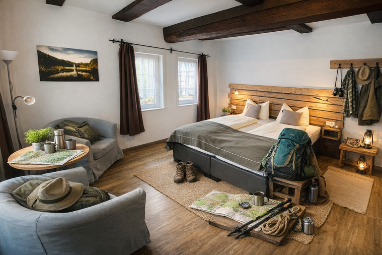 Ein stilvolles Zimmer mit Holzdetails, Bettwäsche und Camping-Ausstattung
