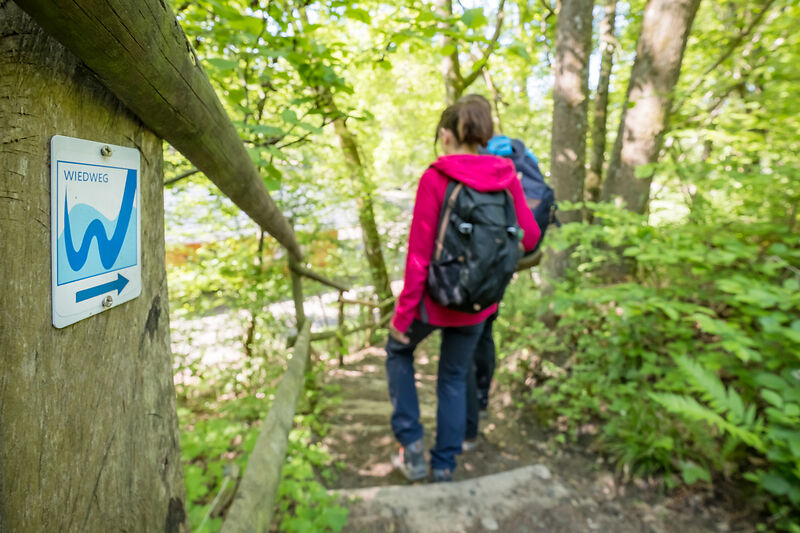 Die Markierung Wiedweg zeigt ein blaues W auf hellblauen Hügeln und ist an einem Treppengeländer angebracht, an dem zwei Menschen hinabgehen.